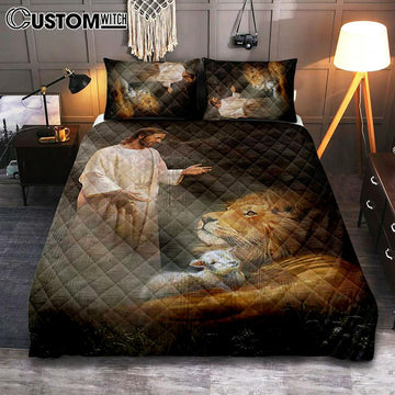 Jesus Lion And The Lambs Quilt Bedding Set Bedroom - Bible Verse Quilt Bedding Set Art - Christian Home Decor