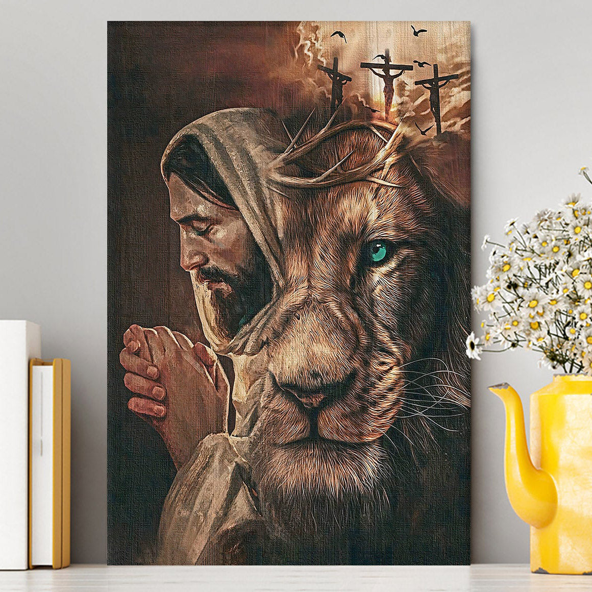 Jesus Lion Cross Eyes Half Jesus Half Lion Canvas Wall Art - Jesus Canvas Pictures - Christian Canvas Wall Art
