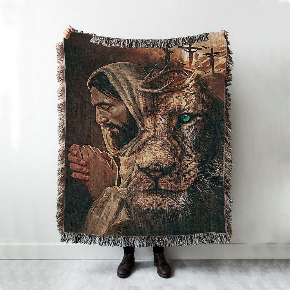Jesus Lion Cross Eyes Half Jesus Half Lion Woven Throw Blanket - Jesus Woven Blanket Pictures - Christian Woven Throw Blanket
