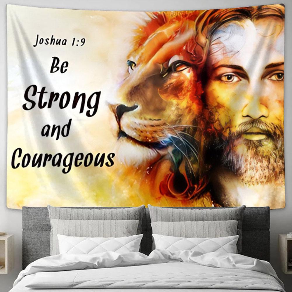 Jesus Lion Face Be Strong And Courageous Tapestry Art - Lion Tapestry Wall Decor