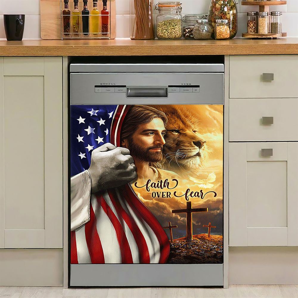 Jesus Lion Faith Over Fear Dishwasher Cover, Christian Dishwasher Stickers, Bible Verse Kitchen Decor