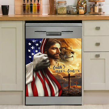 Jesus Lion Faith Over Fear Dishwasher Cover, Christian Dishwasher Stickers, Bible Verse Kitchen Decor