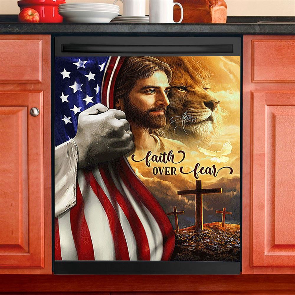 Jesus Lion Faith Over Fear Dishwasher Cover, Christian Dishwasher Stickers, Bible Verse Kitchen Decor