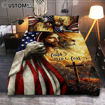 Jesus Lion Faith Over Fear Quilt Bedding Set Bedroom - Christian Quilt Bedding Set Prints - Bible Verse Quilt Bedding Set Art