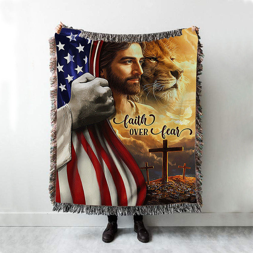 Jesus Lion Faith Over Fear Woven Throw Blanket - Christian Woven Blanket Prints - Bible Verse Woven Blanket Art