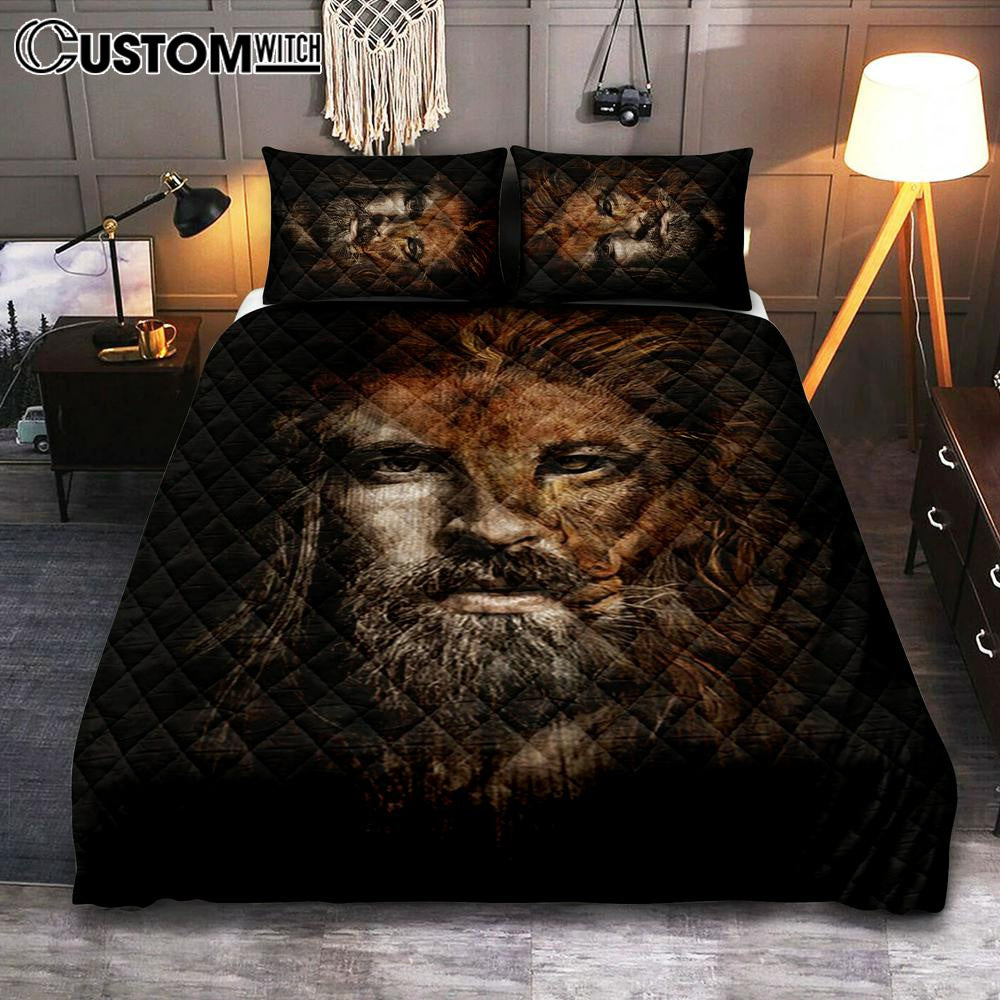 Jesus Lion Head Bedroom Quilt Bedding Set - Jesus Portrait Quilt Bedding Set Prints - Christian Bedroom