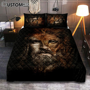 Jesus Lion Head Bedroom Quilt Bedding Set - Jesus Portrait Quilt Bedding Set Prints - Christian Bedroom
