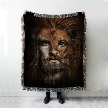Jesus Lion Head Throw Blanket Woven Blanket - Jesus Portrait Woven Blanket Prints - Christian Throw Blanket