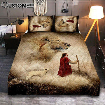 Jesus Lion King And Lamb Bedroom Quilt Bedding Set - Jesus Portrait Quilt Bedding Set Prints - Christian Bedroom