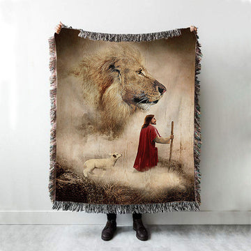 Jesus Lion King And Lamb Throw Blanket Woven Blanket - Jesus Portrait Woven Blanket Prints - Christian Throw Blanket