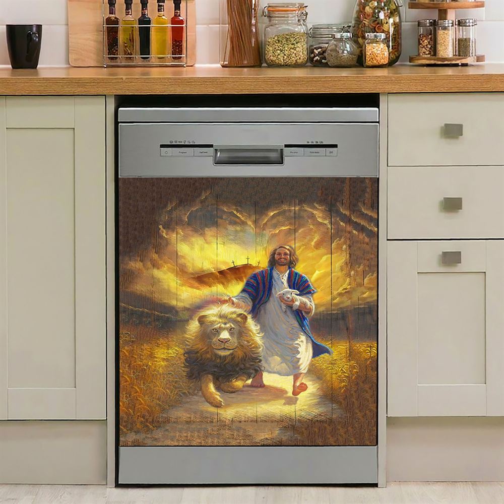 Jesus Lion &amp; Lamb Dishwasher Cover, Christian Dishwasher Stickers, Religious Kitchen Decor