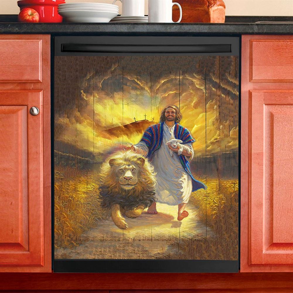 Jesus Lion &amp; Lamb Dishwasher Cover, Christian Dishwasher Stickers, Religious Kitchen Decor