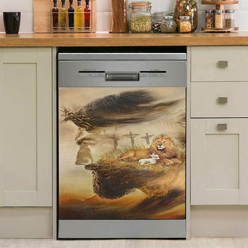 Jesus &amp; Lion &amp; Lamb Dishwasher Cover, Jesus Dishwasher Stickers, Christian Kitchen Decor