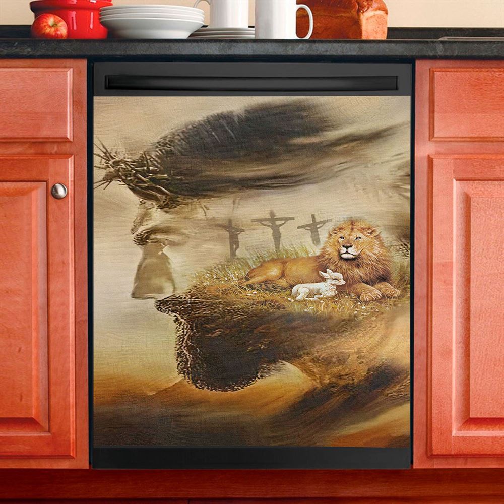 Jesus &amp; Lion &amp; Lamb Dishwasher Cover, Jesus Dishwasher Stickers, Christian Kitchen Decor