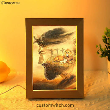 Jesus &amp; Lion &amp; Lamb Frame Lamp Art - Jesus Frame Lamp Pictures - Christian Night Light