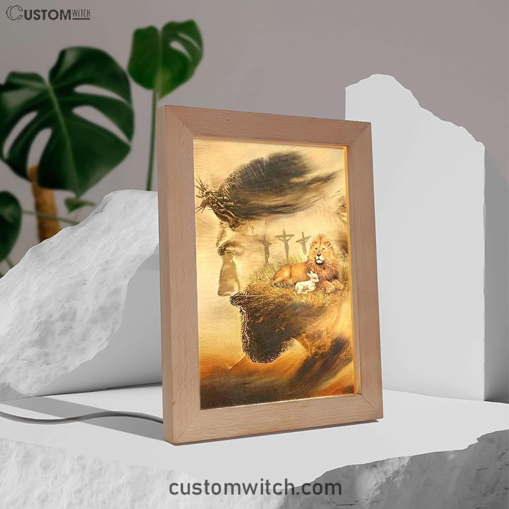 Jesus &amp; Lion &amp; Lamb Frame Lamp Art - Jesus Frame Lamp Pictures - Christian Night Light