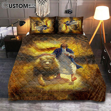 Jesus Lion &amp; Lamb Quilt Bedding Set Bedroom - Christian Cover Twin Bedding Quilt Bedding Set - Religious Quilt Bedding Set Prints