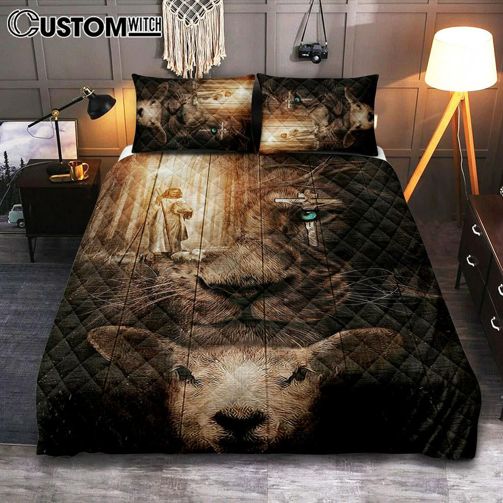 Jesus Lion &amp; Lamb Quilt Bedding Set Bedroom - Jesus Quilt Bedding Set Pictures - Christian Quilt Bedding Set Bedroom