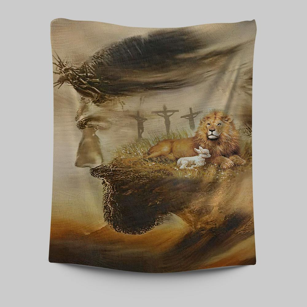 Jesus &amp; Lion &amp; Lamb Tapestry Wall Art - Jesus Tapestry Pictures - Christian Tapestries Wall Art