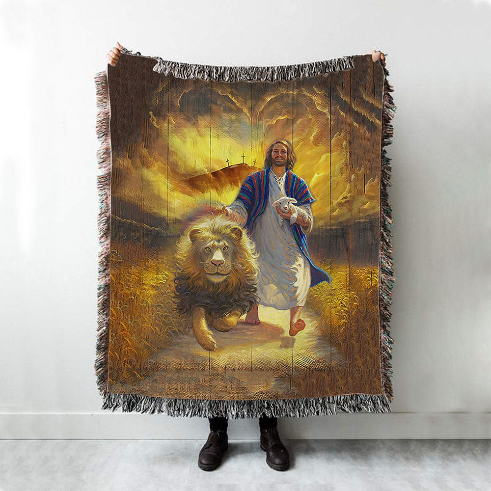Jesus Lion &amp; Lamb Woven Throw Blanket - Christian Wall Woven Blanket - Religious Woven Blanket Prints