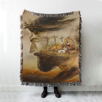 Jesus &amp; Lion &amp; Lamb Woven Throw Blanket - Jesus Woven Blanket Pictures - Christian Woven Throw Blanket