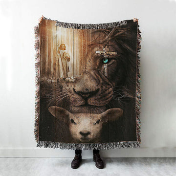 Jesus Lion &amp; Lamb Woven Throw Blanket - Jesus Woven Blanket Pictures - Christian Woven Throw Blanket