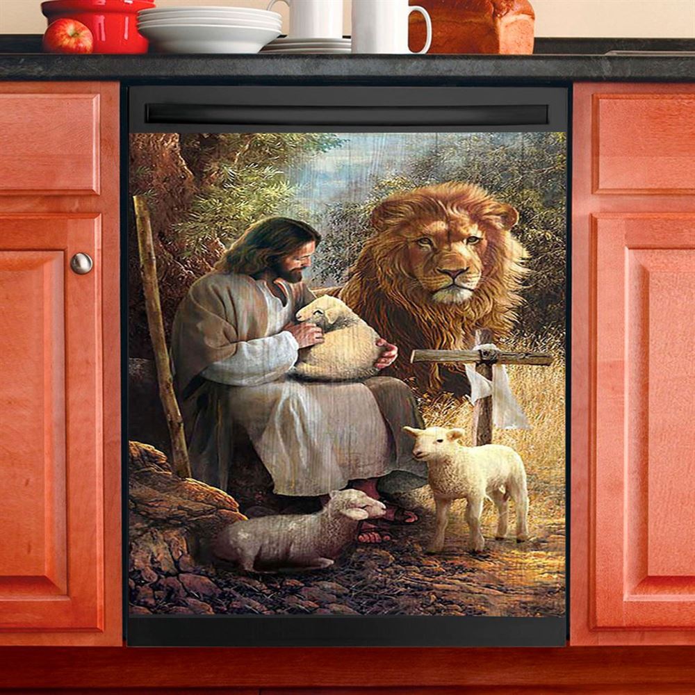 Jesus Lion Of Judah And The Lambs Dishwasher Cover, Bible Verse Dishwasher Stickers, Inspirational Kitchen Decor