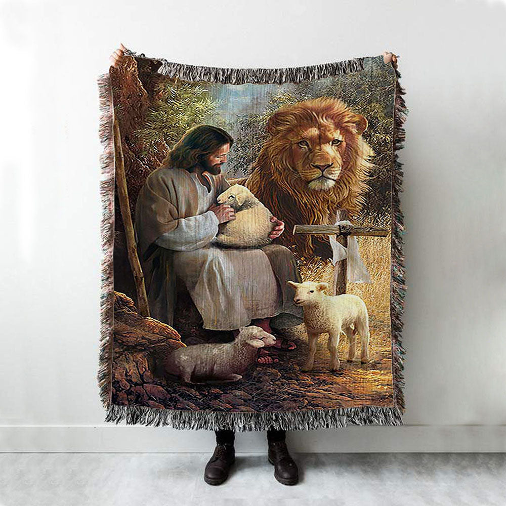 Jesus Lion Of Judah And The Lambs Woven Throw Blanket - Bible Verse Woven Blanket Art - Inspirational Art - Christian Home Decor