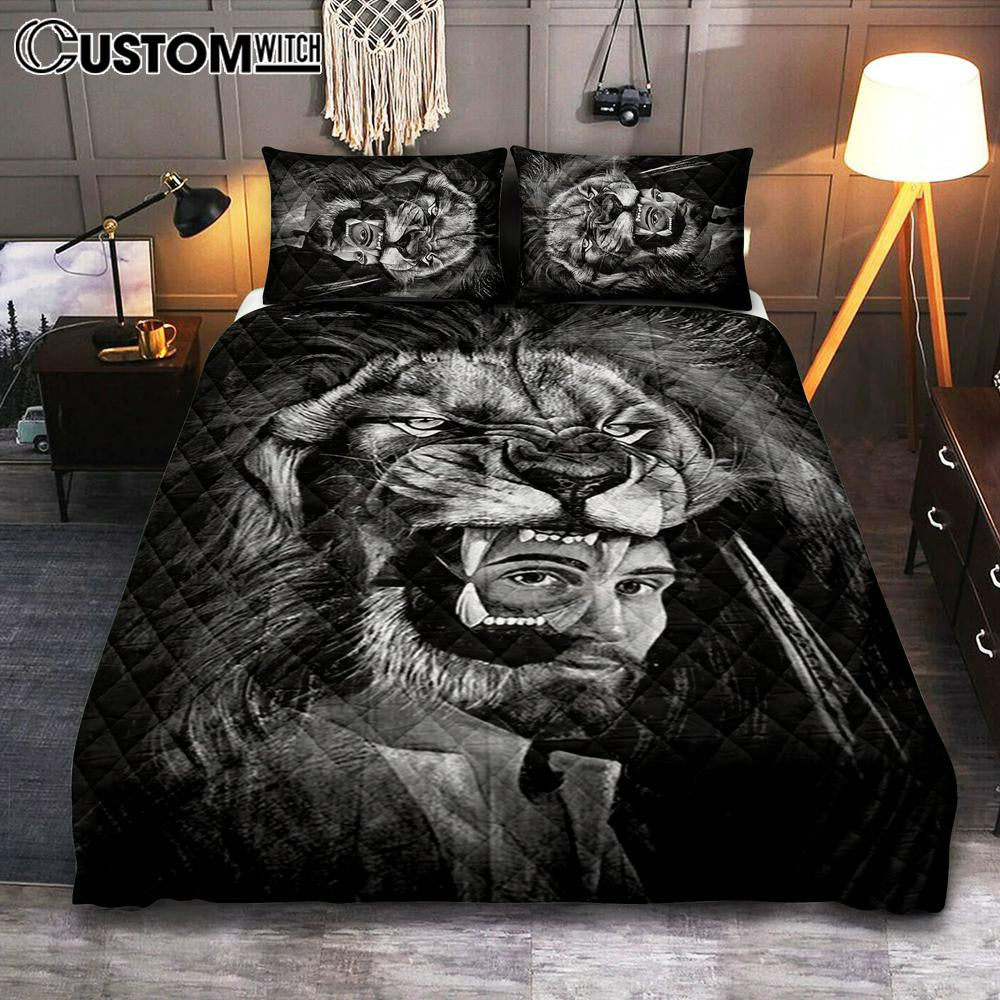 Jesus Lion Of Judah Black And White Bedroom Quilt Bedding Set - Jesus Portrait Quilt Bedding Set Prints - Christian Bedroom