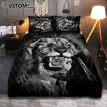 Jesus Lion Of Judah Black And White Bedroom Quilt Bedding Set - Jesus Portrait Quilt Bedding Set Prints - Christian Bedroom