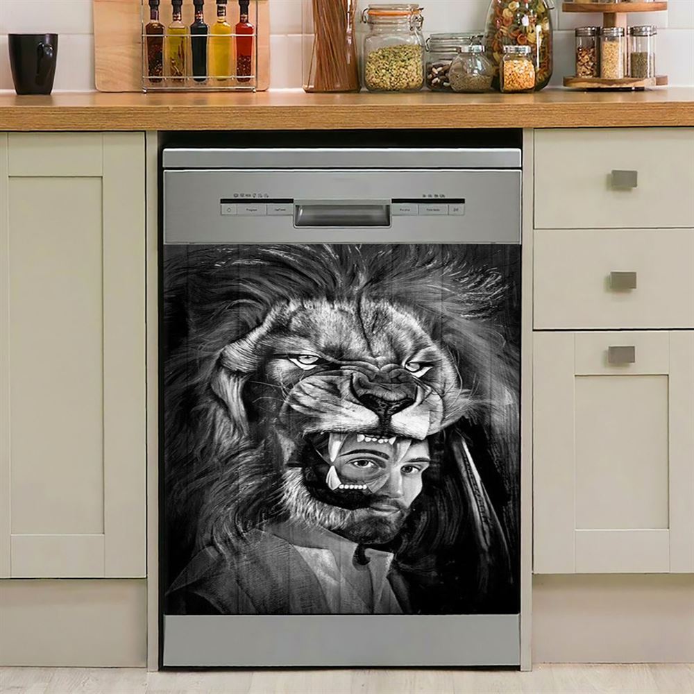Jesus Lion Of Judah Black And White Dishwasher Cover, Jesus Portrait Dishwasher Stickers, Christian Kitchen Decor