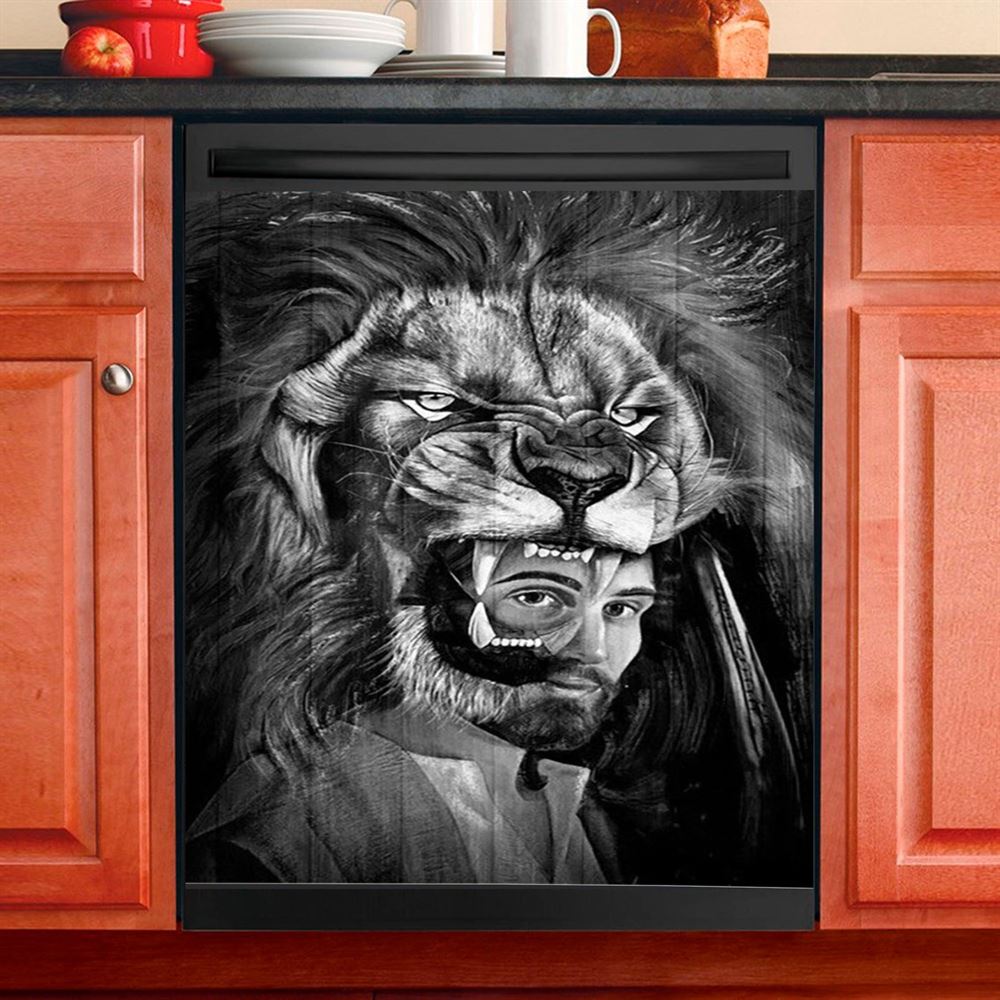 Jesus Lion Of Judah Black And White Dishwasher Cover, Jesus Portrait Dishwasher Stickers, Christian Kitchen Decor