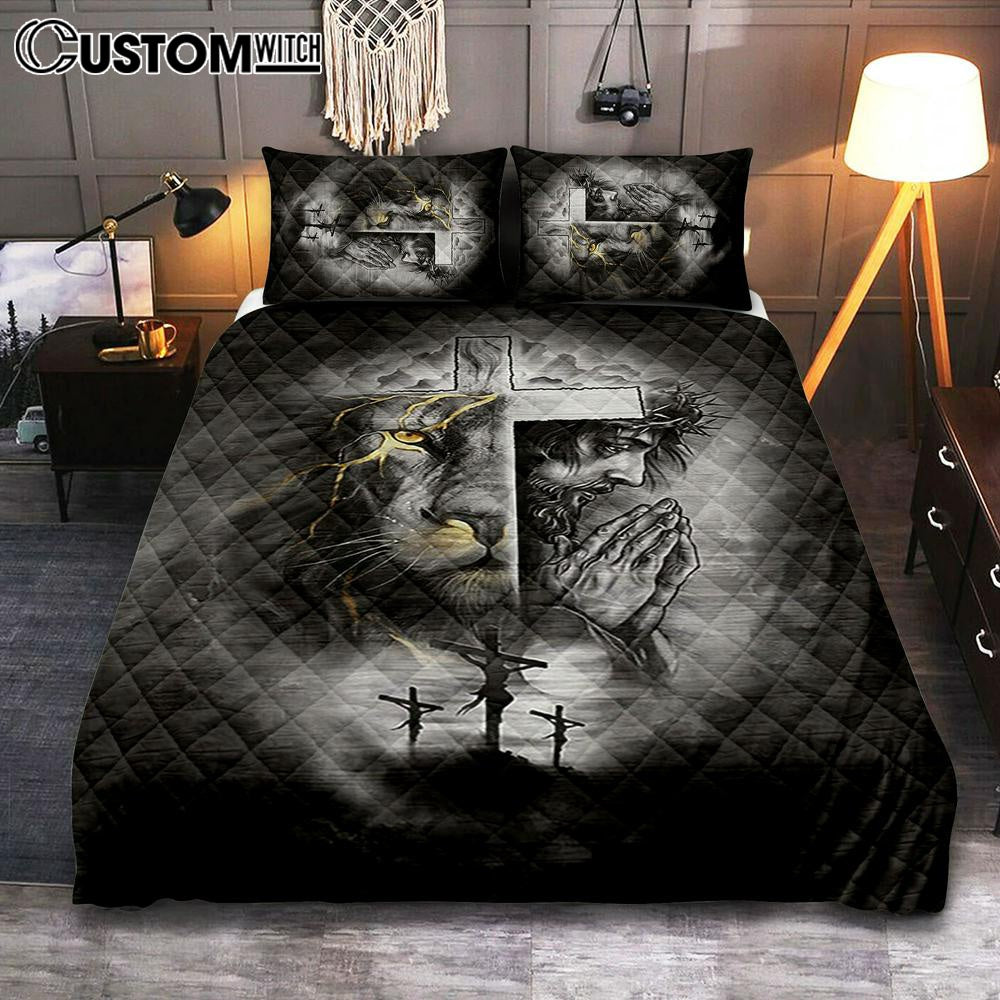 Jesus Lion Of Judah Cross Bedroom Quilt Bedding Set - Jesus Portrait Quilt Bedding Set Prints - Christian Bedroom