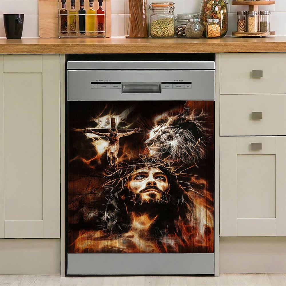 Jesus Lion Of Judah Cross Dishwasher Cover, Jesus Portrait Dishwasher Stickers, Christian Kitchen Decor