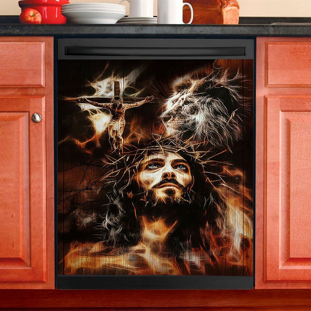 Jesus Lion Of Judah Cross Dishwasher Cover, Jesus Portrait Dishwasher Stickers, Christian Kitchen Decor