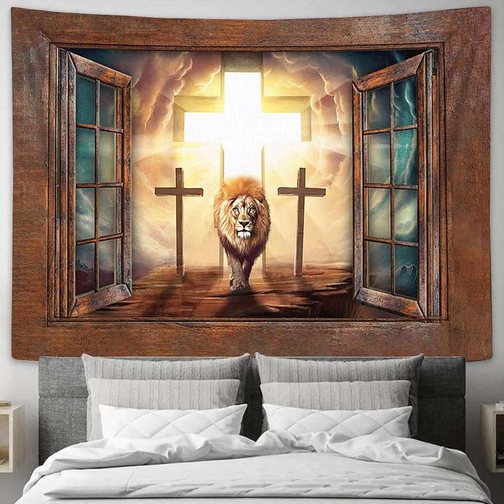Jesus Lion Of Judah Cross Tapestry Art - Christian Wall Art Decor - Bible Verse Tapestry