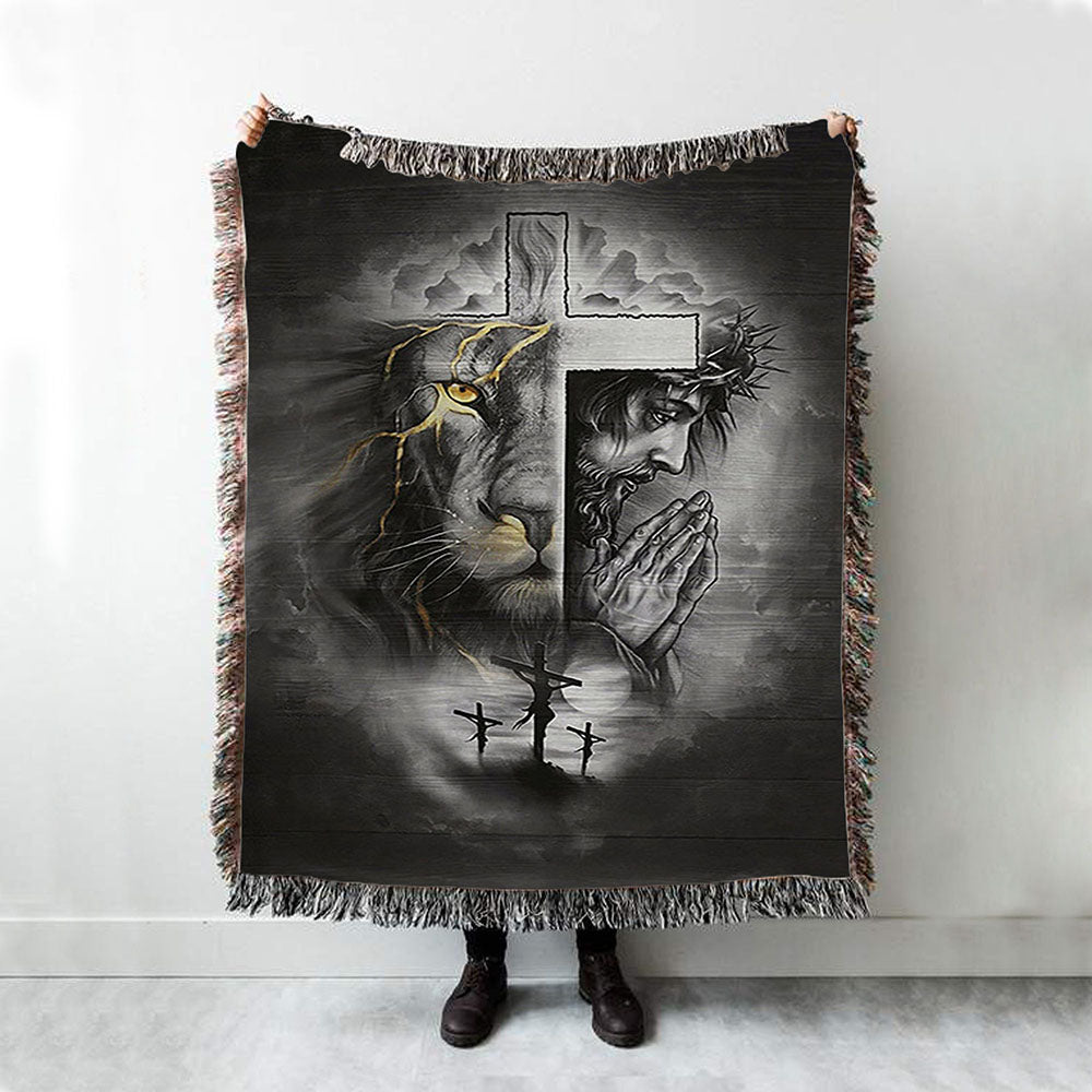 Jesus Lion Of Judah Cross Throw Blanket Woven Blanket - Jesus Portrait Woven Blanket Prints - Christian Throw Blanket