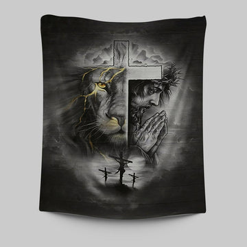 Jesus Lion Of Judah Cross Wall Art Tapestry - Jesus Portrait Tapestry Prints - Christian Wall Art