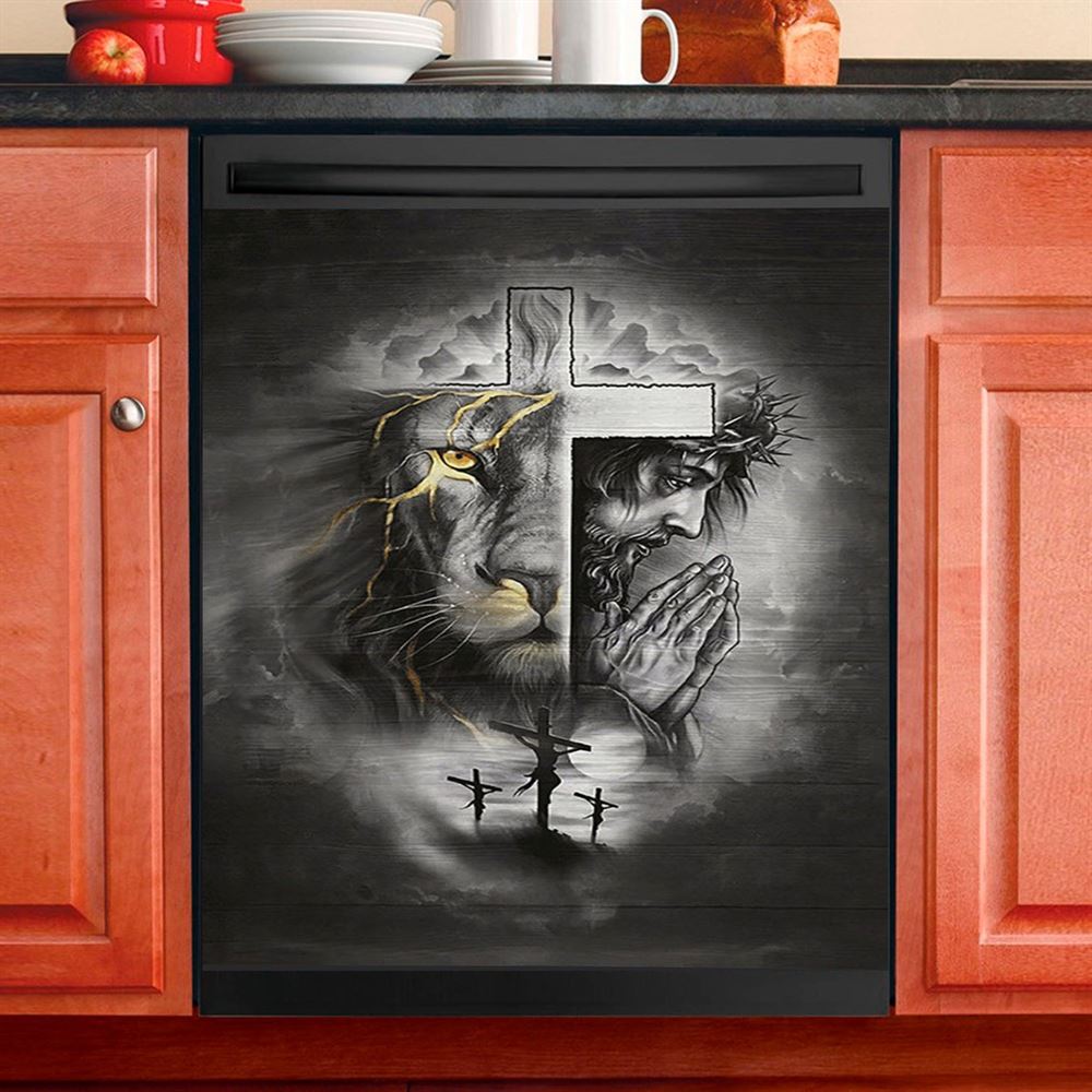 Jesus Lion Of Judah Crown Of Thorn Dishwasher Cover, Christian Dishwasher Stickers, Bible Verse Kitchen Decor