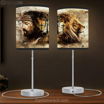 Jesus Lion Of Judah Three Wooden Crosses Table Lamp Art - Christian Lamp Gift Decor - Bible Verse Table Lamp