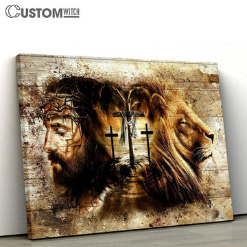 Jesus Lion Of Judah Three Wooden Crosses Canvas Art - Christian Wall Art Decor - Bible Verse Canvas