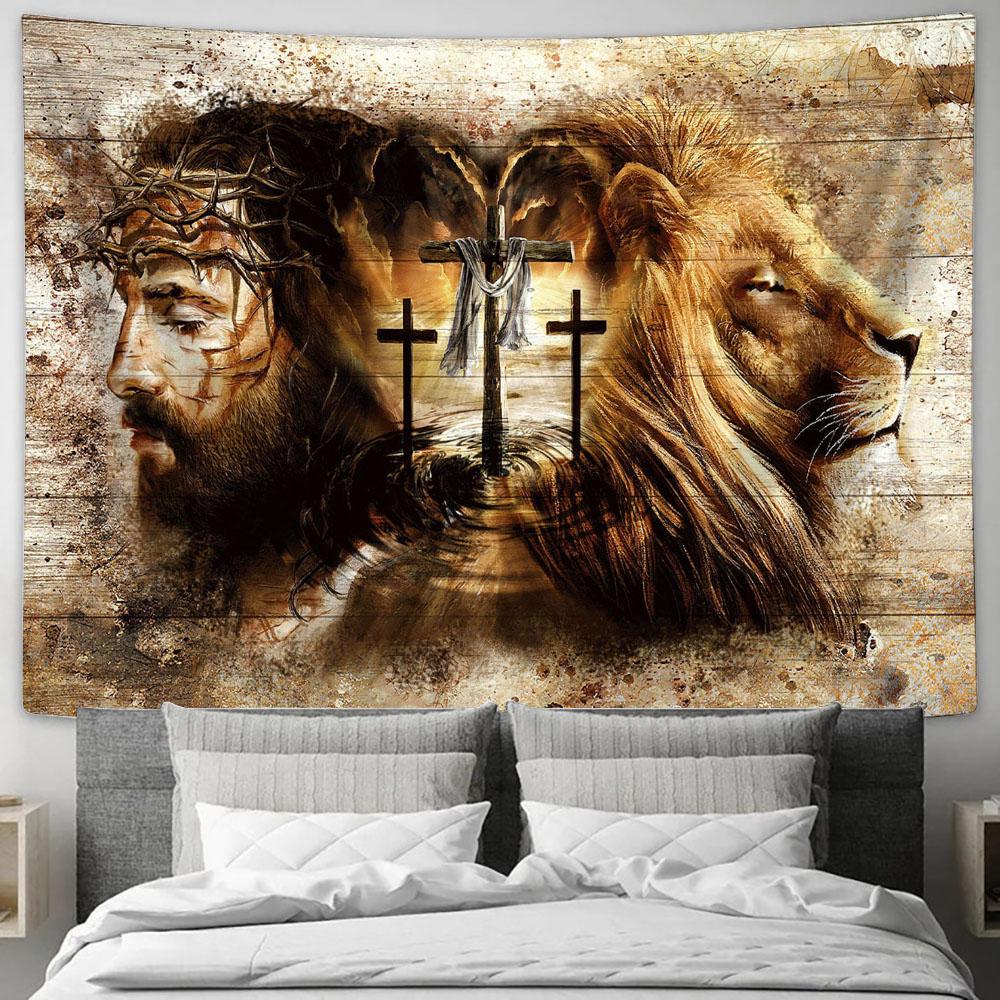 Jesus Lion Of Judah Three Wooden Crosses Tapestry Art - Christian Wall Art Decor - Bible Verse Tapestry