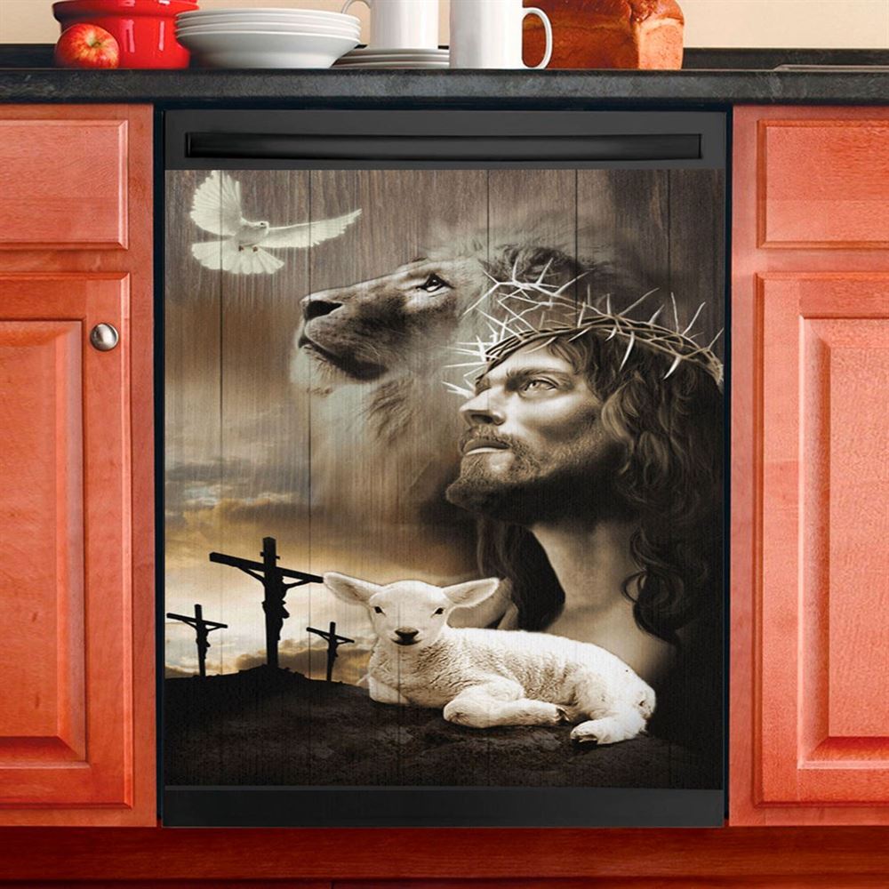 Jesus Lion Sheep Cross Dove Dishwasher Cover, Jesus Christ Dishwasher Stickers, Christian Kitchen Decor
