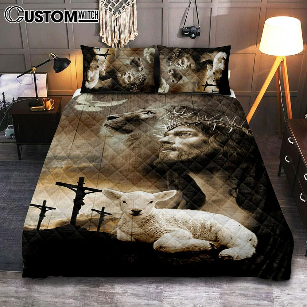 Jesus Lion Sheep Cross Dove Quilt Bedding Set Prints - Jesus Christ Quilt Bedding Set Art - Christian Cover Twin Bedding Decor