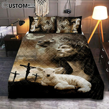 Jesus Lion Sheep Cross Dove Quilt Bedding Set Prints - Jesus Christ Quilt Bedding Set Art - Christian Cover Twin Bedding Decor
