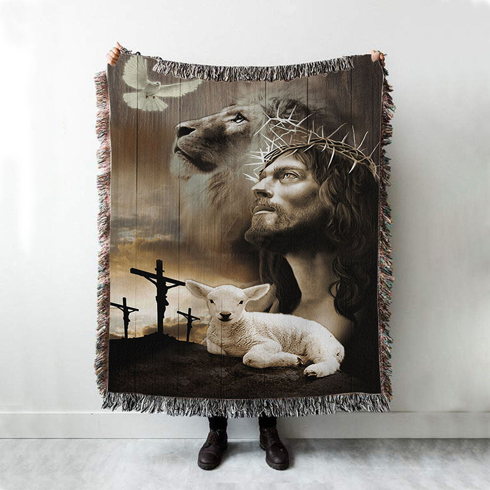 Jesus Lion Sheep Cross Dove Woven Blanket Prints - Jesus Christ Woven Blanket Art - Christian Boho Blanket