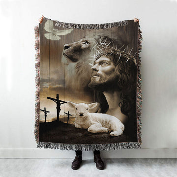 Jesus Lion Sheep Cross Dove Woven Blanket Prints - Jesus Christ Woven Blanket Art - Christian Boho Blanket