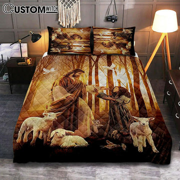 Jesus Little Girl Lamb Of God White Dove Bedroom Quilt Bedding Set - Jesus Portrait Quilt Bedding Set Prints - Christian Bedroom