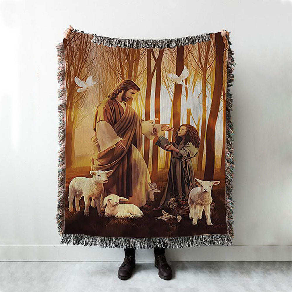 Jesus Little Girl Lamb Of God White Dove Throw Blanket Woven Blanket - Jesus Portrait Woven Blanket Prints - Christian Throw Blanket