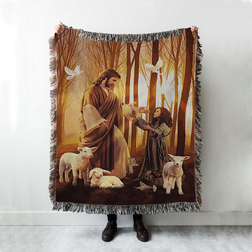 Jesus Little Girl Lamb Of God White Dove Throw Blanket Woven Blanket - Jesus Portrait Woven Blanket Prints - Christian Throw Blanket